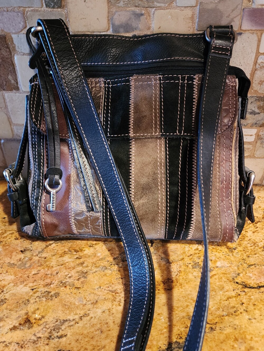 Vintage Fossil Patchwork Leather Crossbody Bag - Black and Brown